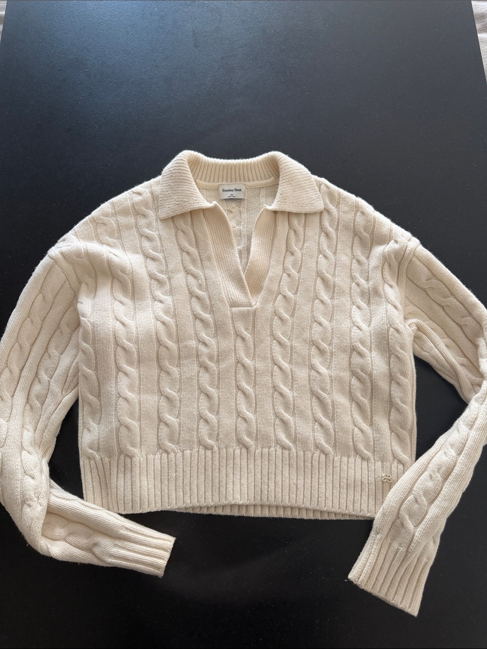 Aritzia Sunday Best Cream Cable-Knit Polo Sweater Merino Wool Blend XS
